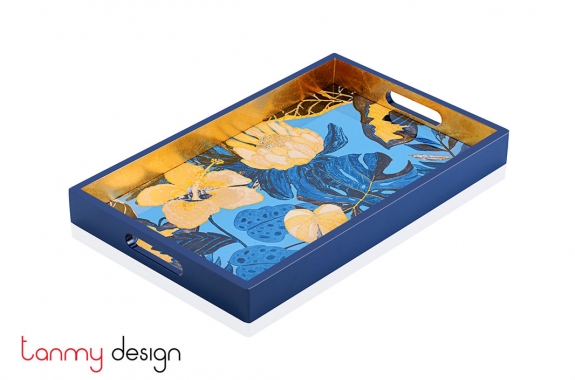 Blue rectangle lacquer tray with yellow hibiscus pattern 25*40*4 cm